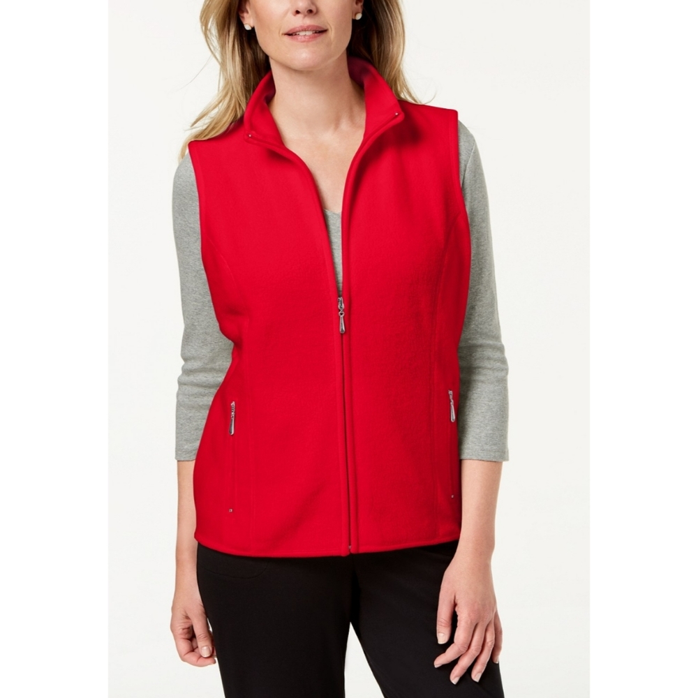 Karen Scott Petite Princess-Seam Zeroproof Zip-Front Vest Red